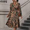 Women's Fashion Fall Winter Leopard Print Long Sleeve V-Neck High Waist Casual Dresses