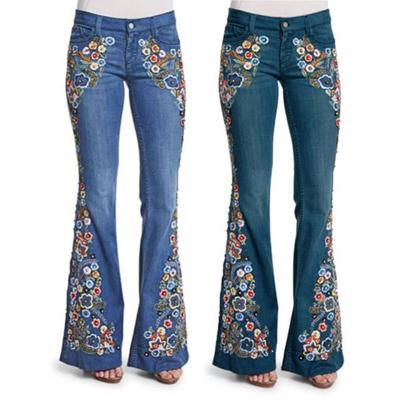 Женские джинсы с цветочной вышивкой, расклешенные, с застежкой-молнией на пуговицы, с карманами, средняя талия
