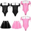 Mens Sissy Maid Cosplay Set Glossy Bodysuit with Lace Trim Puff Sleeve and Flared Skirt Crossdresser Costume Outfit