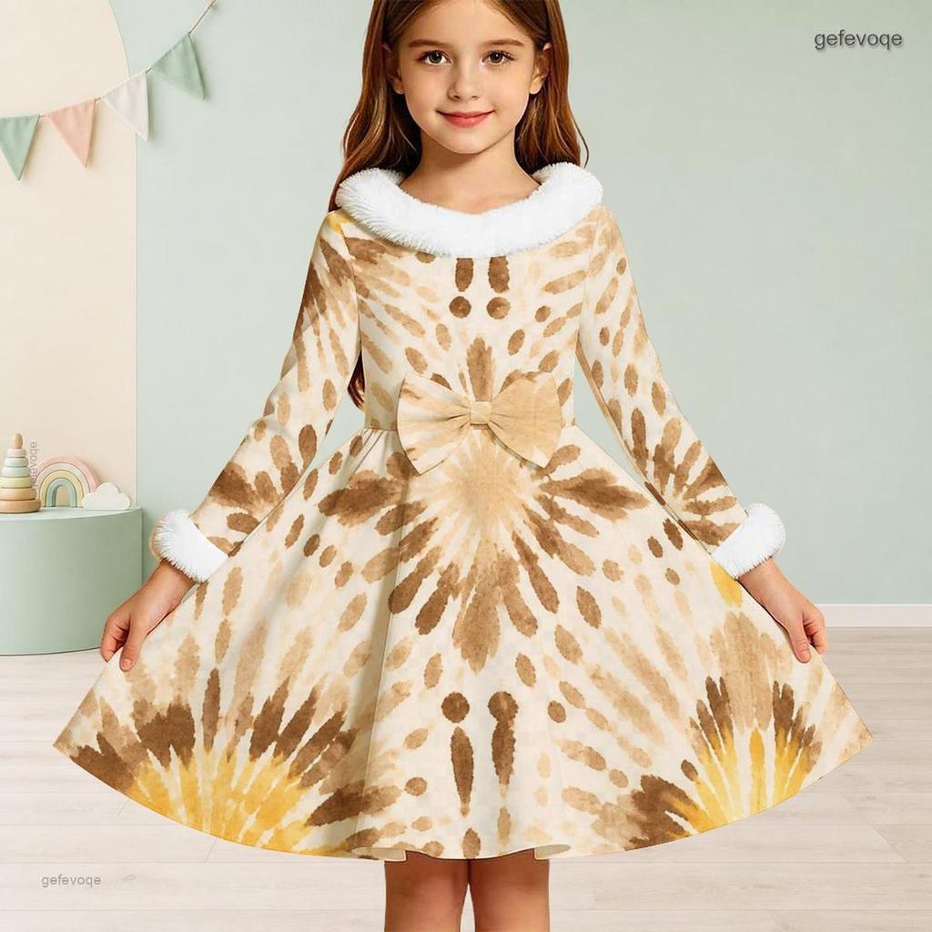 Girls High Neck Long Sleeve Printed A Line Flare Dress Blue Green Furry Trim Bow