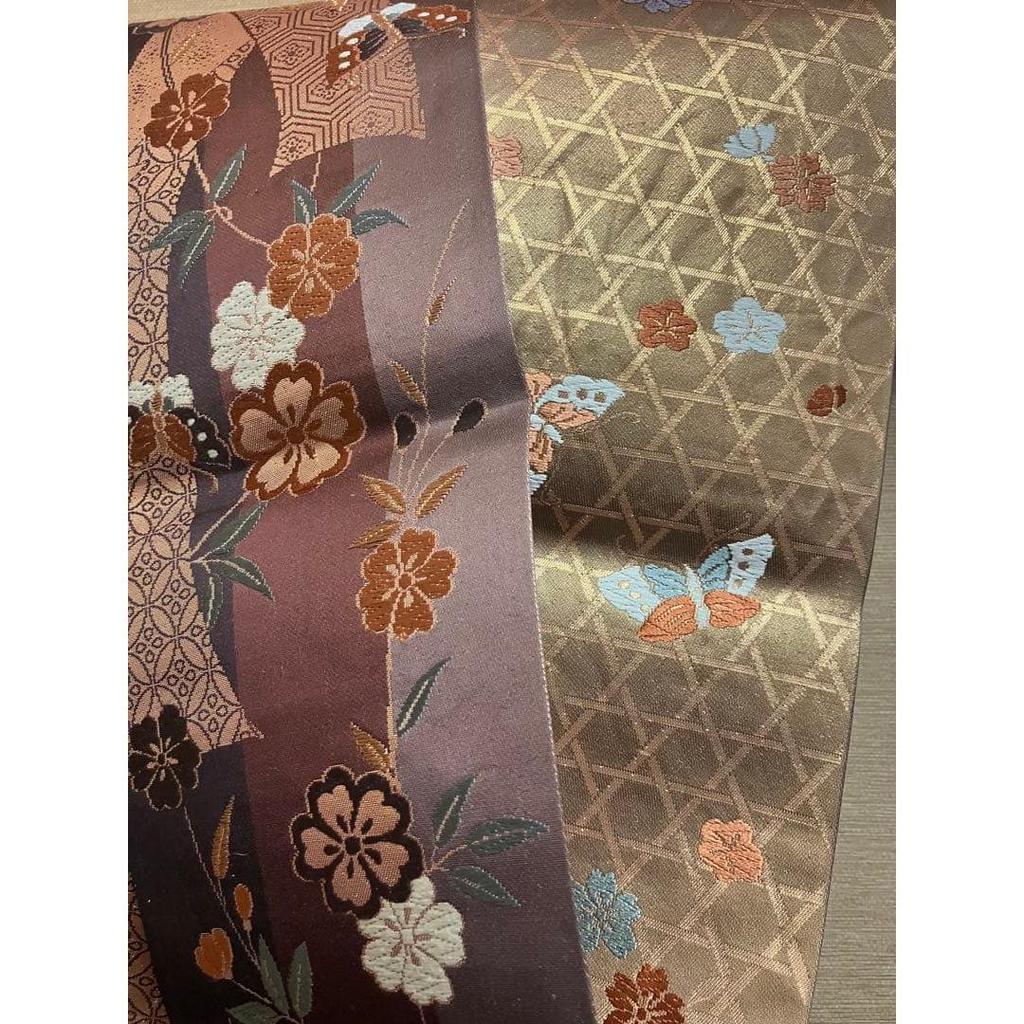 Used Four-inch obi (half-width obi), cherry blossom and butterfly pattern, gold thread, can be used on both sides, pure silk