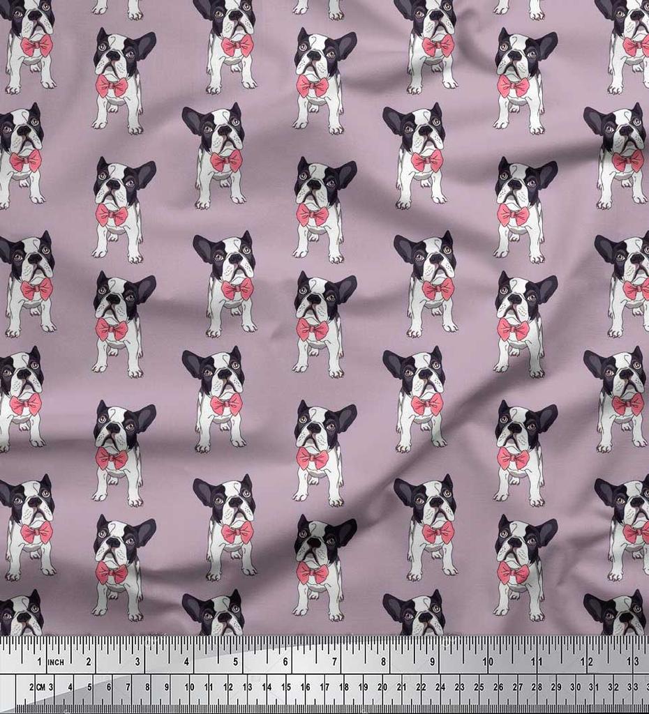 Soimoi Japan Crepe Satin Fabric Bow & Boston Terrier Dog Print Fabric by the Metre 42 Inch