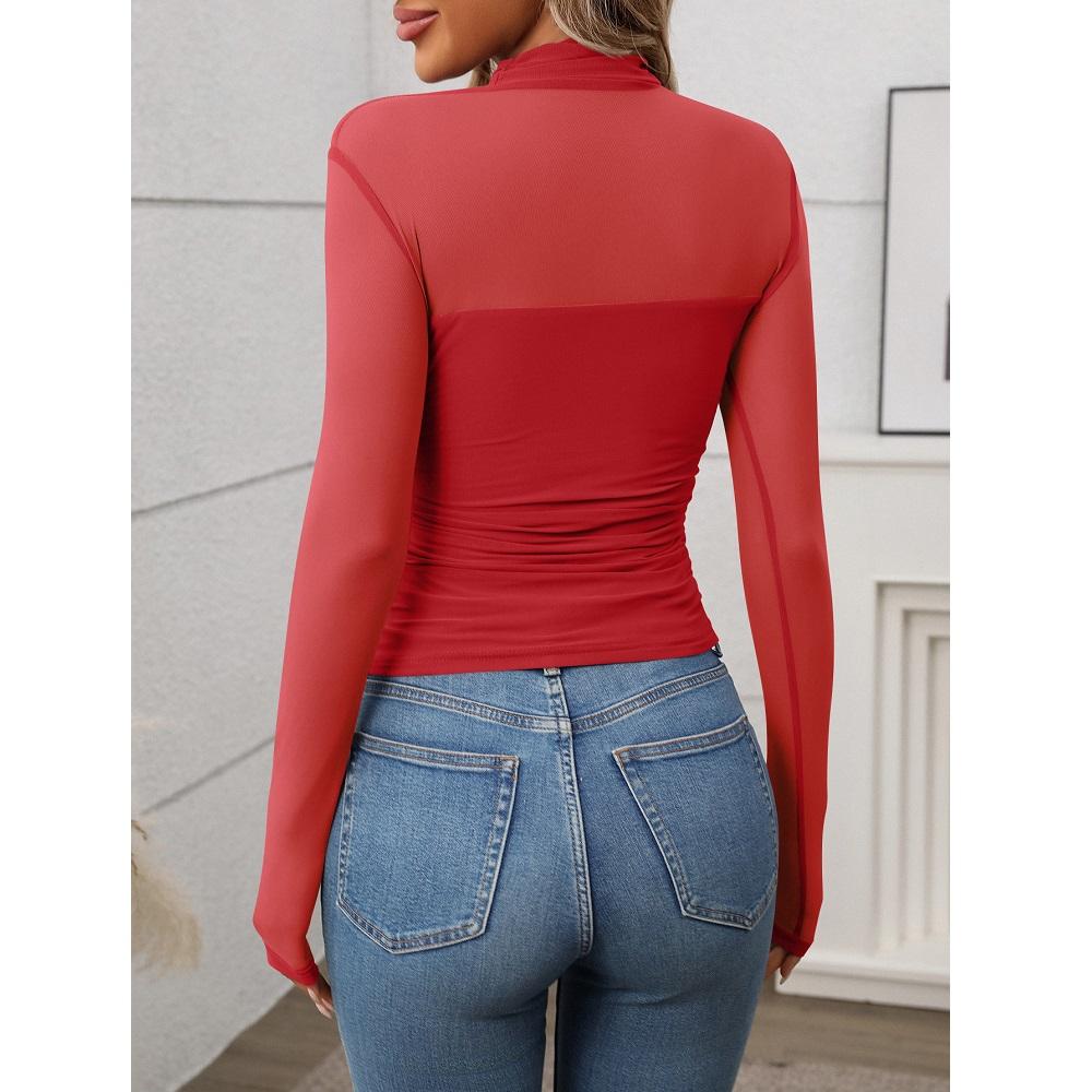 Женские весенние базовые футболки, топы, сетчатые прозрачные длинные рукава, водолазки, тонкие футболки