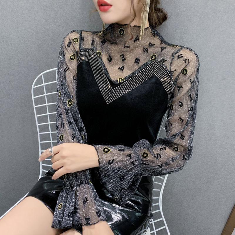 Новый сетчатый женский весенне-осенний топ с кружевом и стразами, модный, приталенный, универсальный, сексуальный, с длинным рукавом