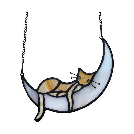 Cat On Moon Hanging Ornament Stained Glass Window Hanging Suncatcher Acrylic Panel Wall Art Memorial Gift for Women Wife Mom Cat Lovers
