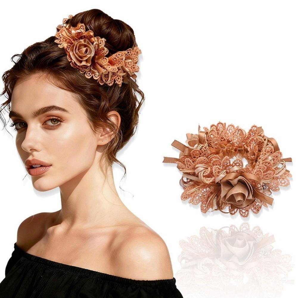 Polyester Flower Embroidered Hair Scrunchies Fabric Bow Hair Accessory Elegant Lace Hair Tie Girl