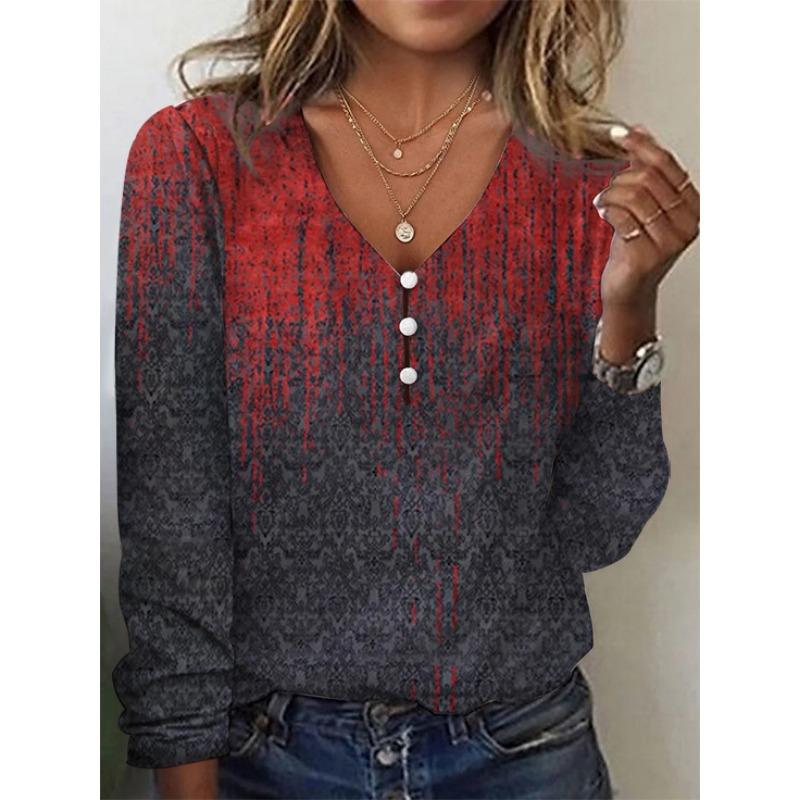 Spring and Autumn Women's Blouse V Collar Star Tie-dye Pearl Buttons Long Sleeve T-shirt
