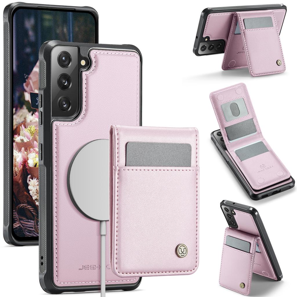 For Samsung Galaxy S22 5G Leather Back Cover Compatible with MagSafe JEEHOOD J06 Phone Case with Card Bag RFID Blocking