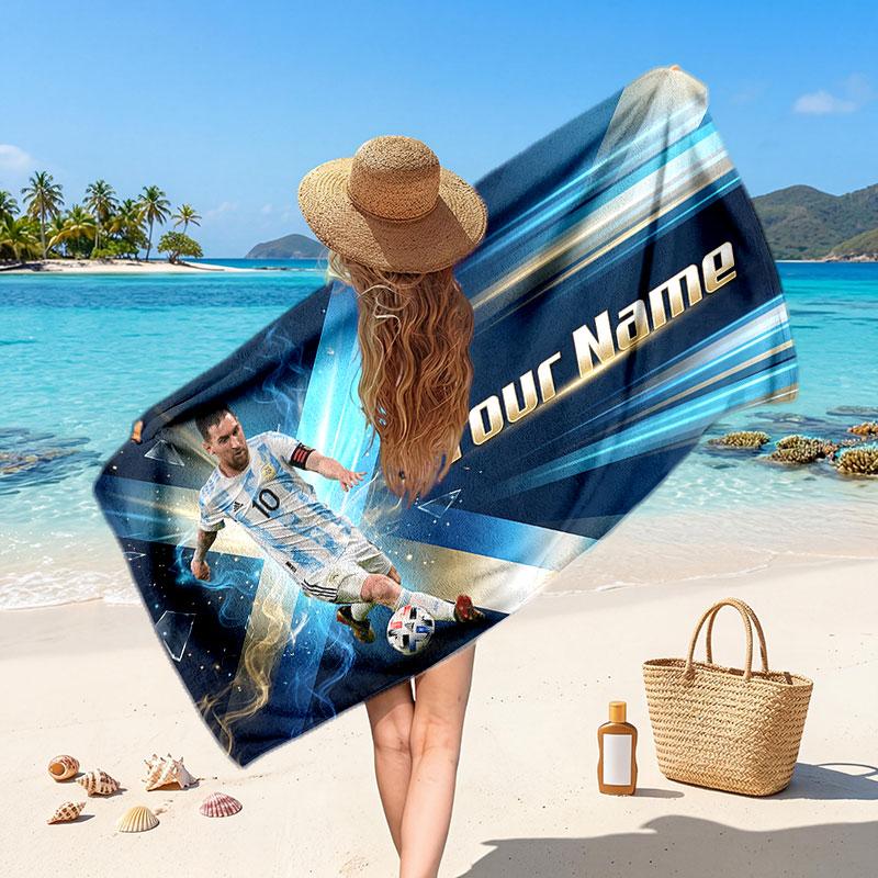 Lionel Messi Custom Beach Towel, Personalized Name Text Print, Football Logo Soft Quick‑Dry Towel Holiday Gift