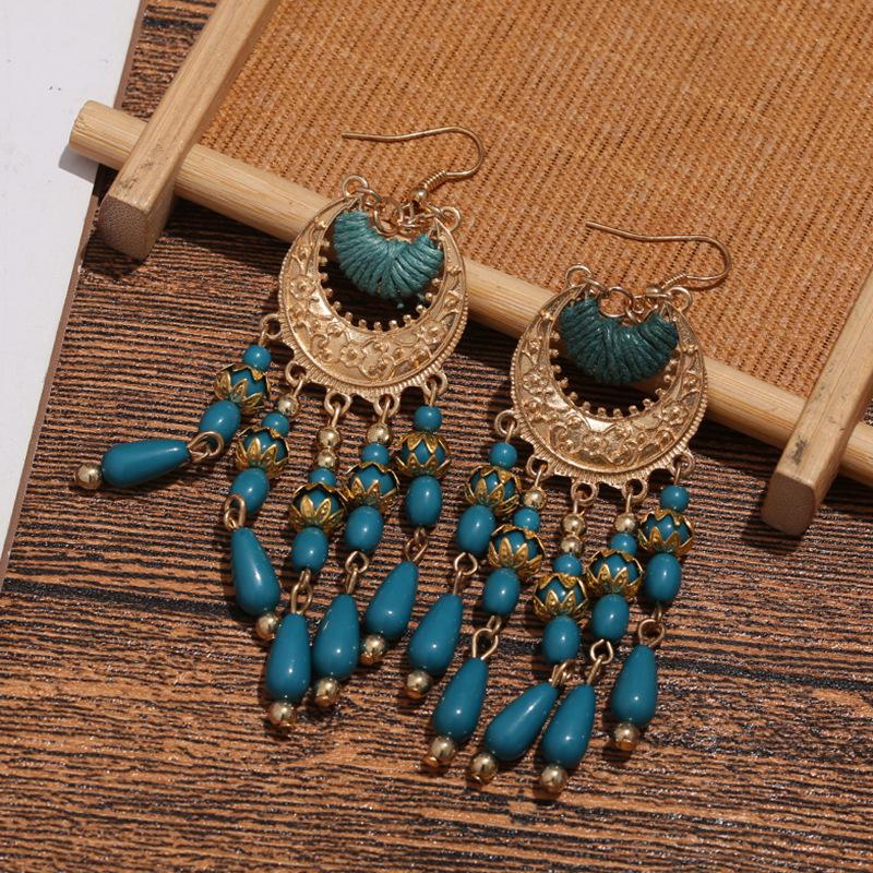 Bohemian Rice Bead Fringed Earrings Exaggerated Long Ear Hooks Fashion Ethnic Crescent Earrings