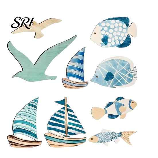 Multi-shape Wall Art Set 9 Pcs Beach Wooden Decor Coastal Ocean Style Smooth Edge Rustic Fish Seagull Sailboat Hanging Sculpture for Lake House