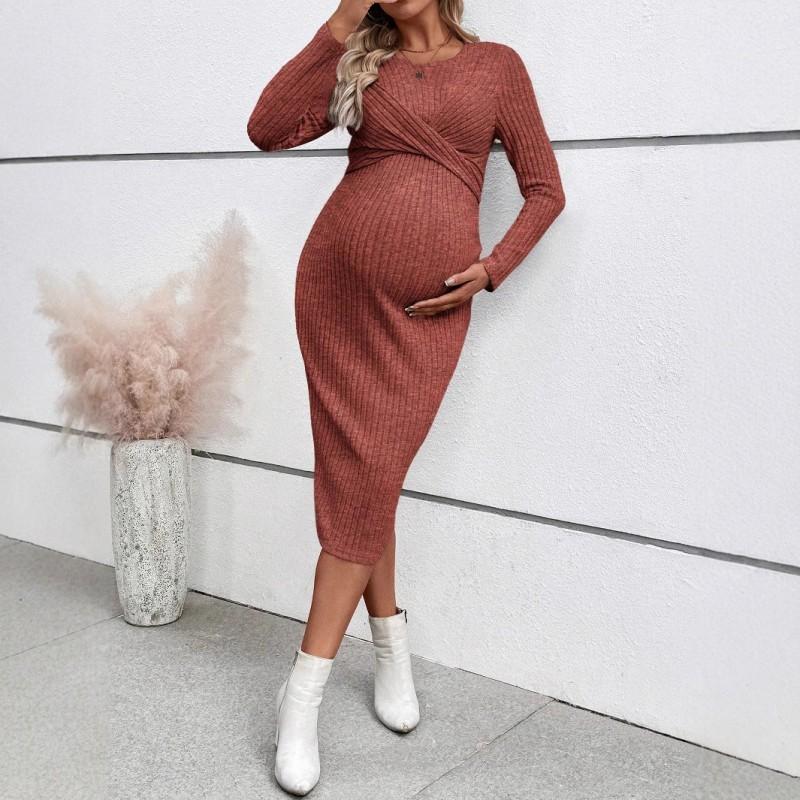 Maternity Long Sleeve Wrap Knot Dress Elegant Fitted Midi Pregnancy Comfort Style