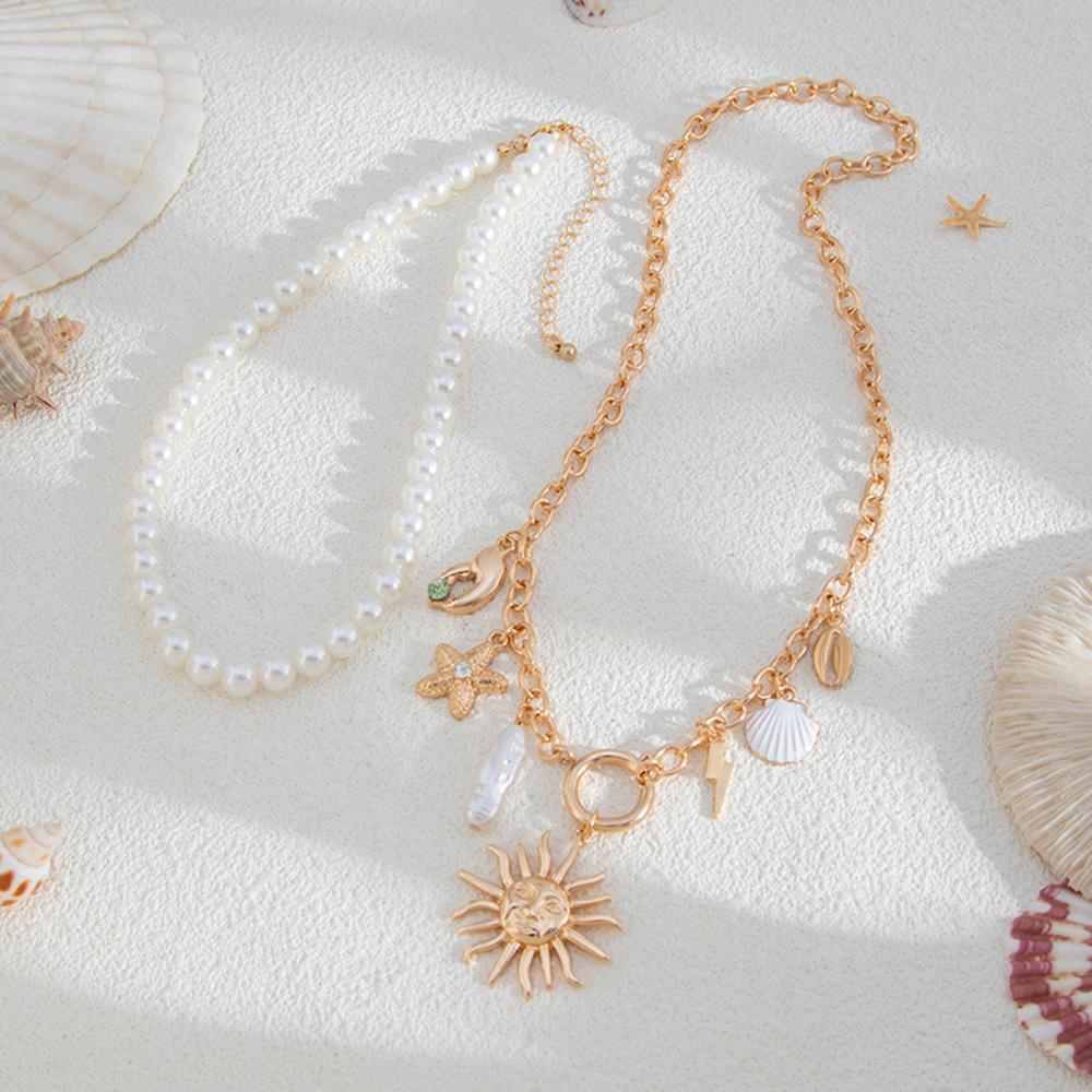 Beach Style Starfish Pendant Necklace Alloy Beads Layered Choker Chain Shell Necklace for Women