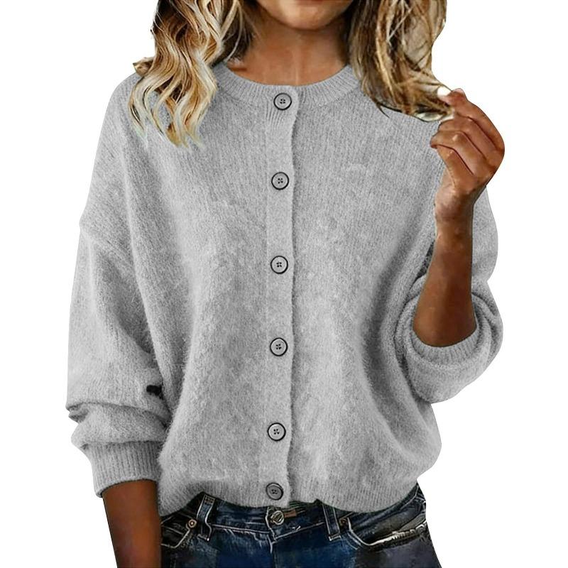 Women S Long Sleeve Round Neck Solid Color Casual Knit Cardigan