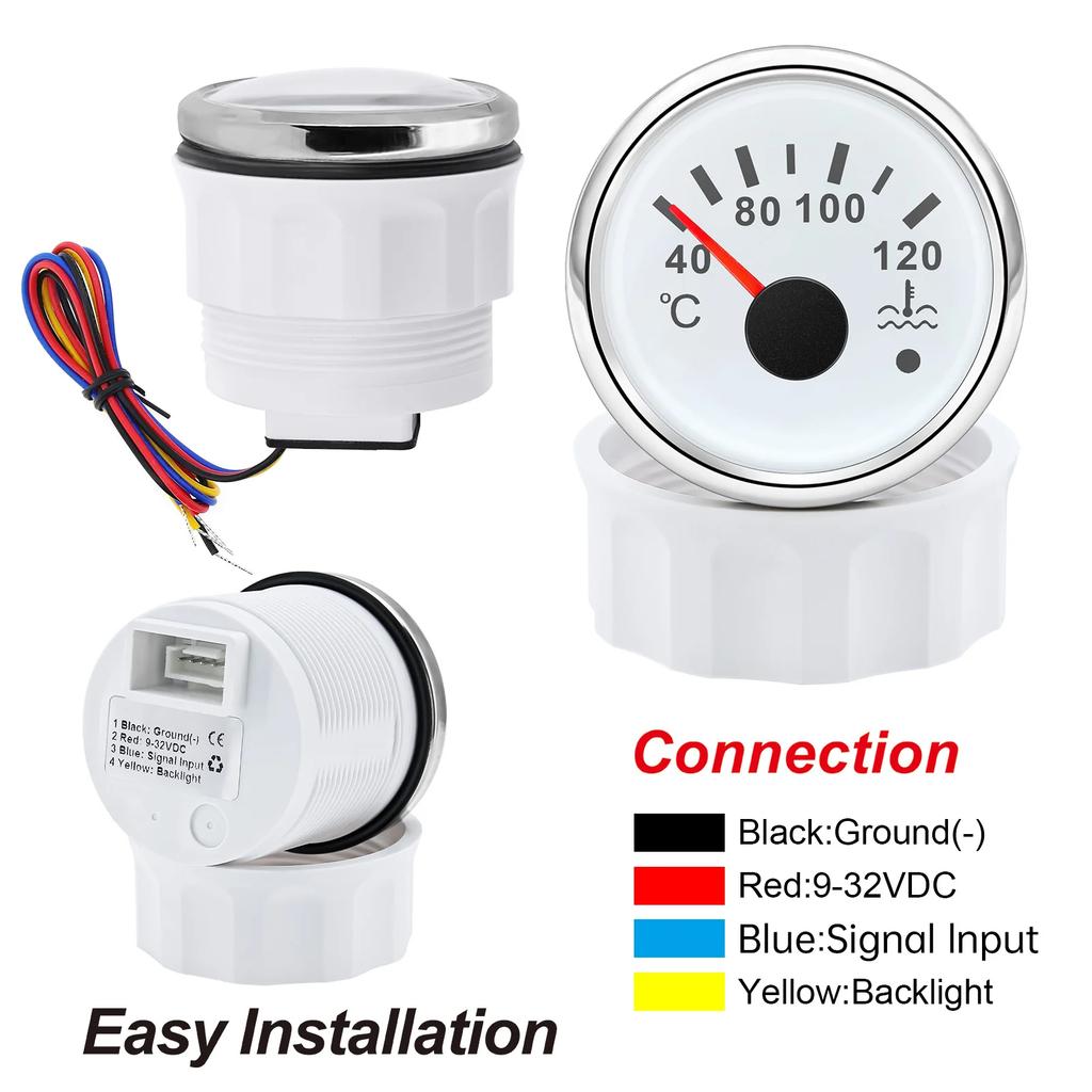 52MM Car temperature indicator 40~120 Celsius Red Backlight With Alarm+10mm Coolant Temperature Sensors for Car Truck Marine