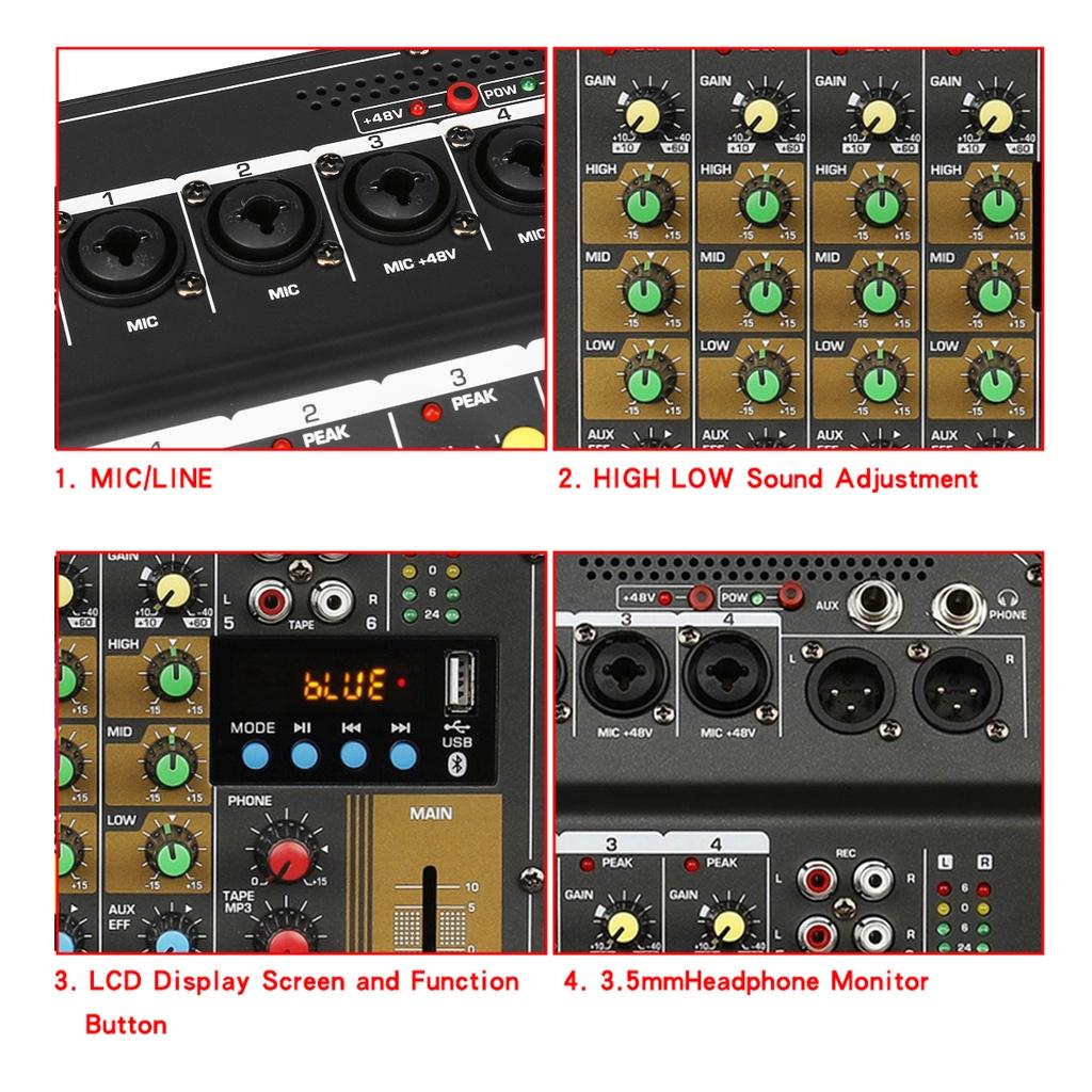 48V Wireless 6-Channel Mixer Audio Professional Portable Sound Mixing Console USB Interface Built-in Phantom Power