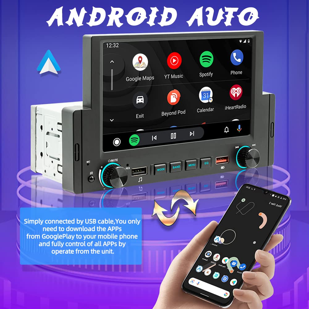 1Din Car Radio Android Auto/CarPlay Mirror Link 6.2" Touch Screen Bluetooth FM USB Colorful Lights Wince System