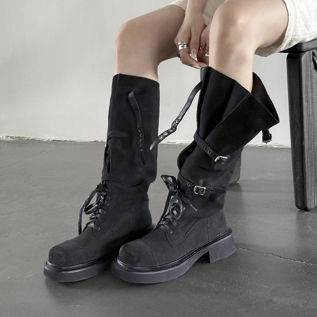 2025 новые ковбойские сапоги в западном стиле, ретро рыцарские сапоги, женские сапоги средней высоты, средний толстый каблук, толстая подошва, с мехом, длинные сапоги