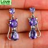 Girls Cute Animal Cat Earrings For Women 925 Silver Filled Round Purple Green Red Zircon Pear Cut Crystal Drop Earrings Jewelry