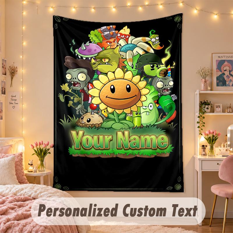 Custom Personalized Tapestry,Plants vs. Zombies Print Custom Name Text Wall Art Hanging for Bedroom