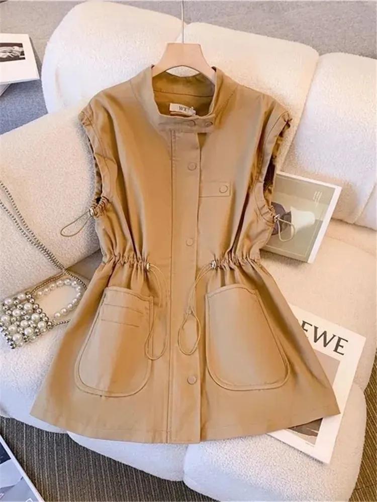Spring Summer Vest Korean Loose Casual Vests Female Pockets Tooling Waistcoat Women Black Khaki Sleeveless Coat Outwear
