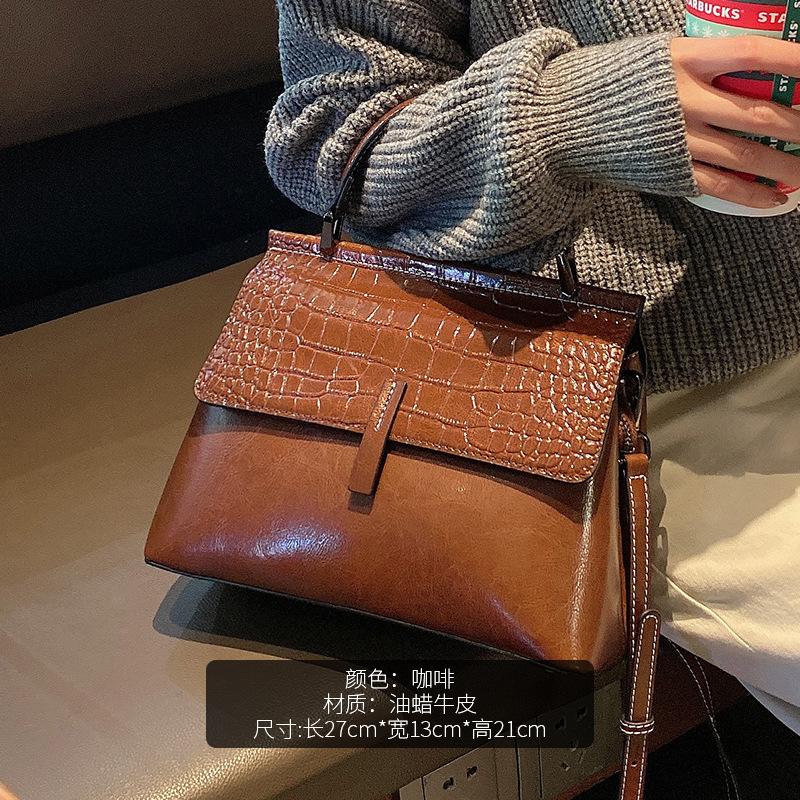 New Oil Wax Cowhide One-shoulder Diagonal Strap Bag Genuine Leather Women's Bag Crocodile Pattern Fashionable Temperament Women's Handbag