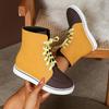 Yellow Color Leather  Shoelace Lace-Up Women Casual Sports Shoes Round Toe High-Top Sneakers Female Flat Sole Zapatillas New