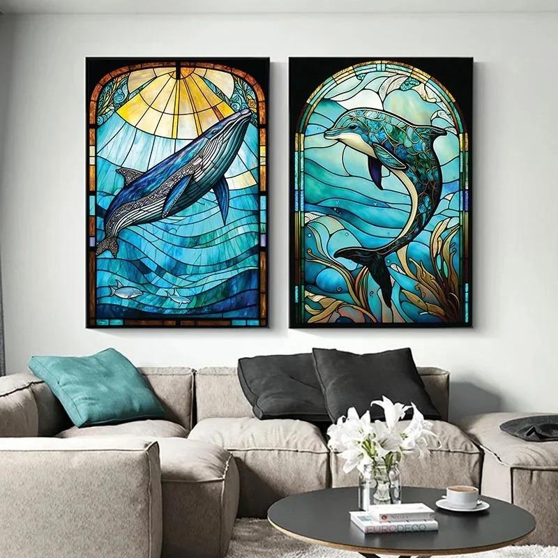 Морские животные Картина на холсте Дельфин Синий кит Витражи Плакаты Печать Абстрактные настенные картины для декора гостиной