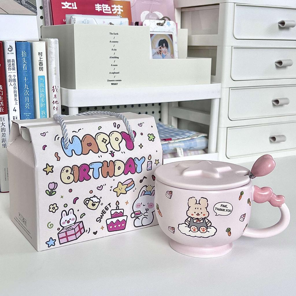 Birthday Gift for Girlfriends Cute Bear and Rabbit Ceramic Mug with Lid Girlfriend Practical Souvenir Gift Box