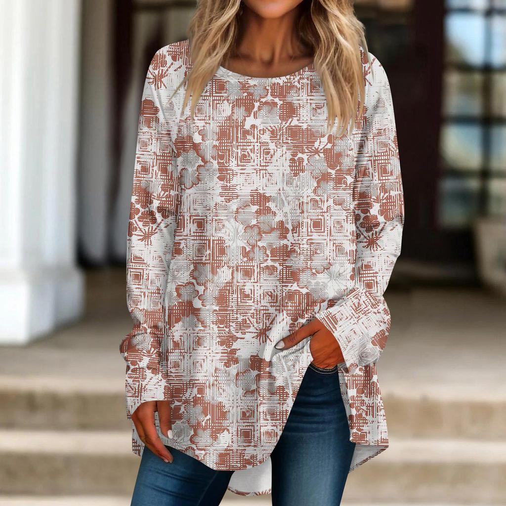 Женская повседневная футболка больших размеров с длинными рукавами и круглым принтом, верхний пуловер