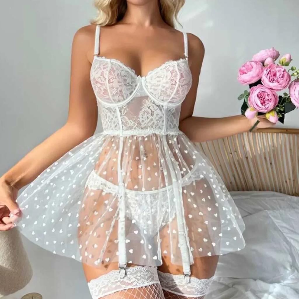 Porn Women Sexy Underwear Lingerie White Lace Mesh Transparent Dress with Garter Thongs Sets Erotic Teddy Babydoll