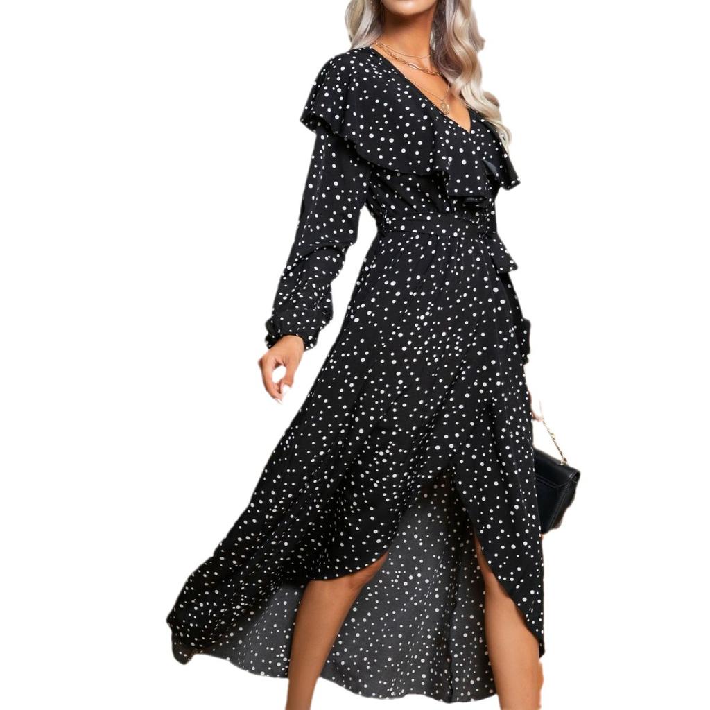 IHUASU Женское платье-фонарик с принтом в горошек, оборками на шее и длинными рукавами, с запахом, разрезом, свободные длинные платья