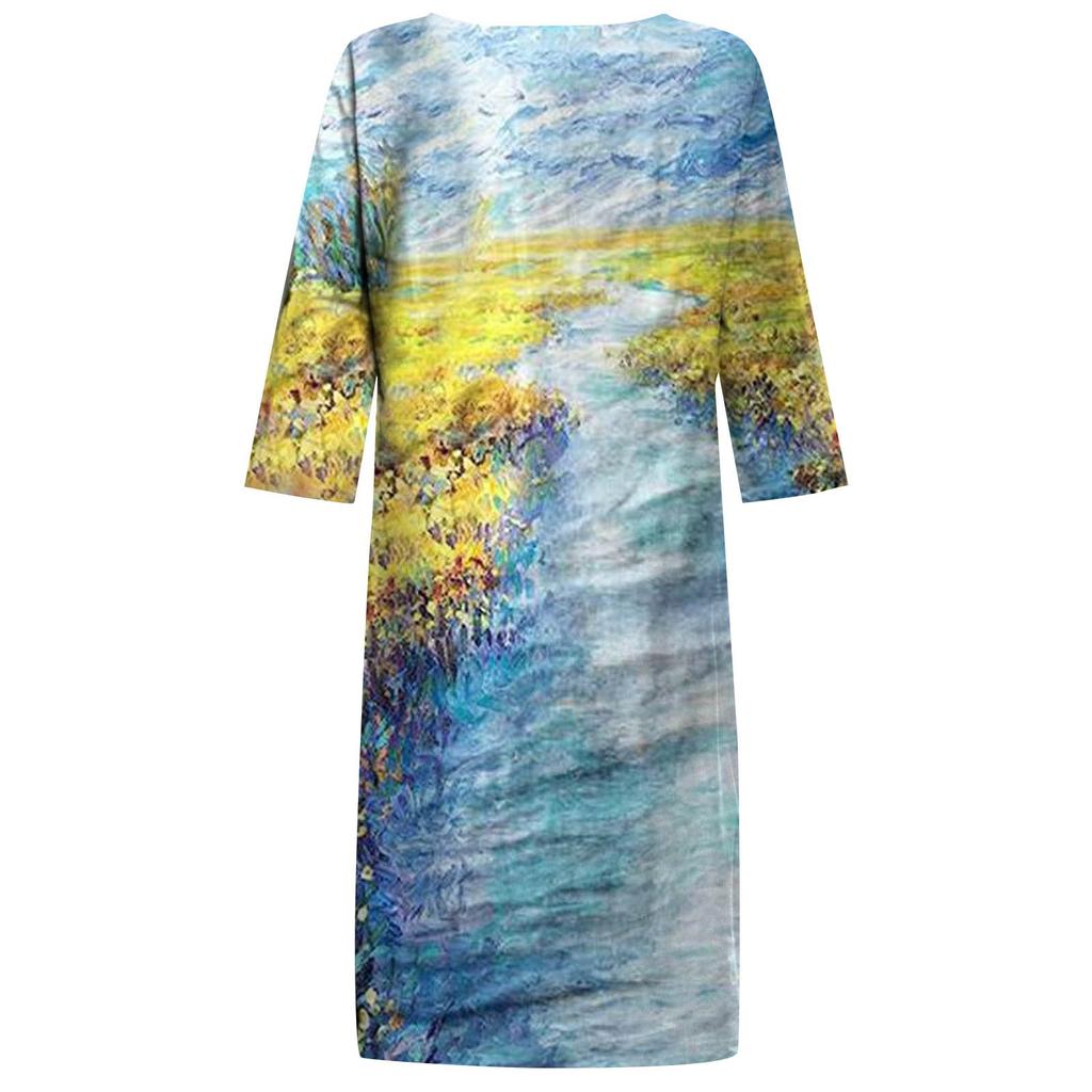 Женское свободное платье в народном стиле с v-образным вырезом и принтом больших размеров, повседневная талия, темперамент