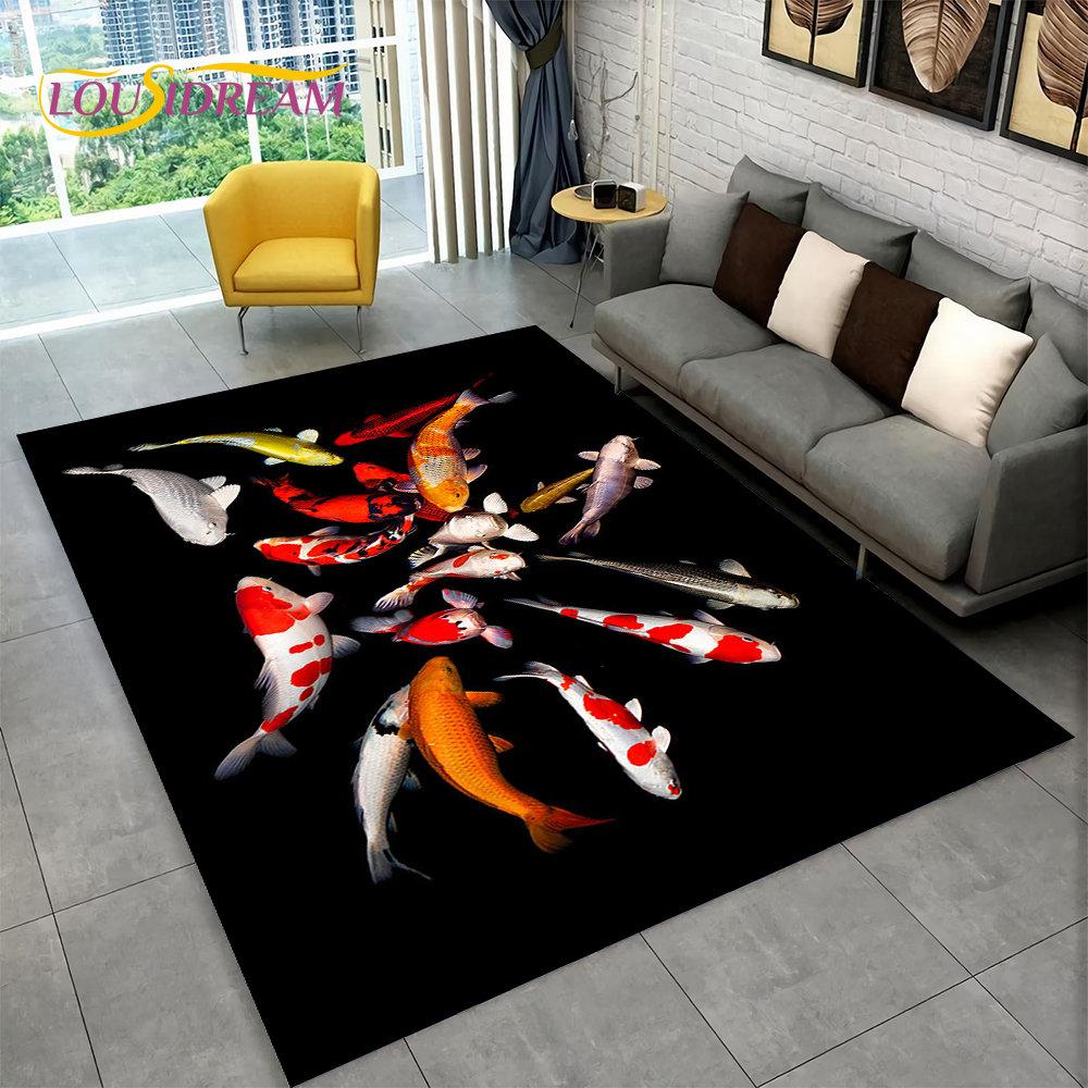 Pastoral Tai Chi carp Fish Area Rug,Carpet Rug for Living Room Bedroom Sofa Doormat Decor,Kid Play Kitchen Non-slip Floor Mat