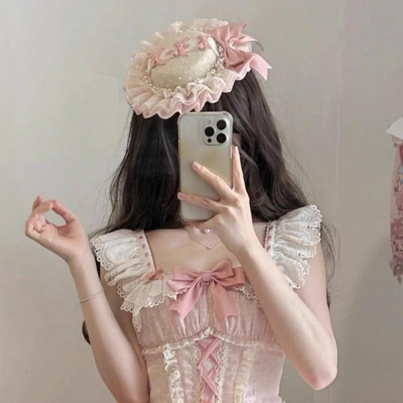 Японское милое платье в сеточку Лолита Jsk для женщин Kawaii кружевные оборки с бантом платья для чаепития Harajuku милая розовая принцесса мини-торт