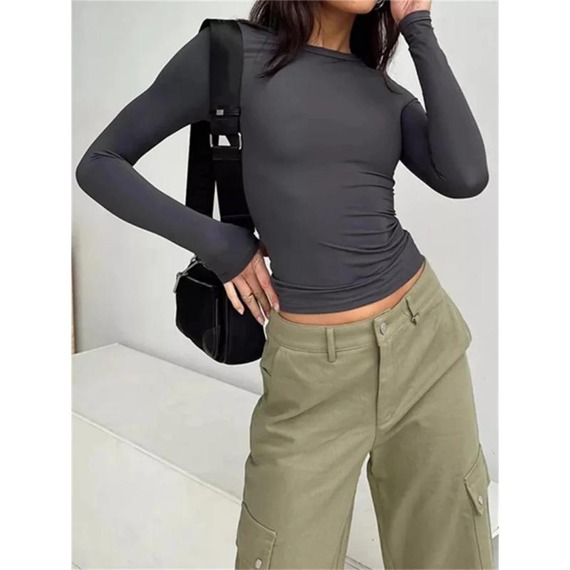 Осенние женские тонкие укороченные топы с круглым вырезом и длинным рукавом, однотонная футболка темпераментного цвета с изображением пупка