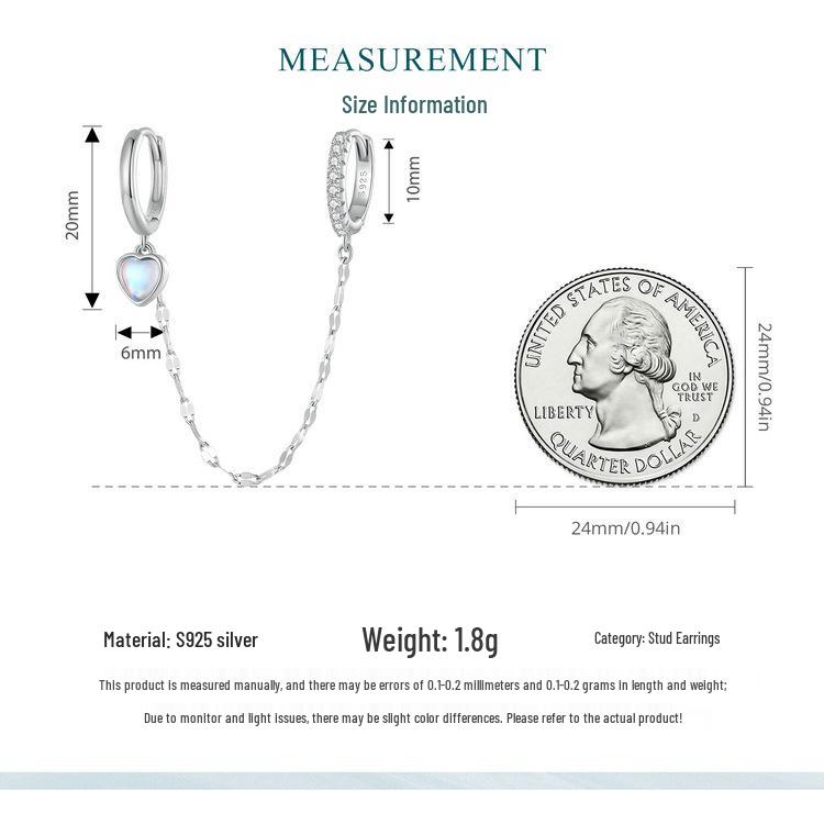 Avle Стерлинговое серебро S925 Цепочка с лунным камнем в форме сердца Двойные серьги-каффы для ушей BSE809