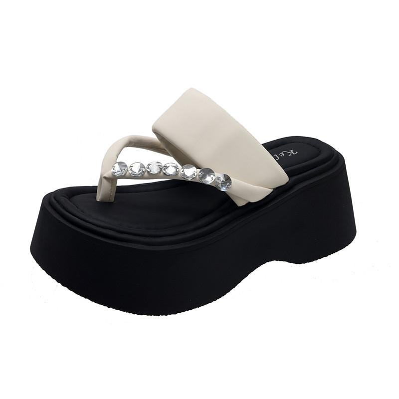 Stylish Thick Sole Women's Flip Flops Summer Casual Wedge Sandals In Black Color