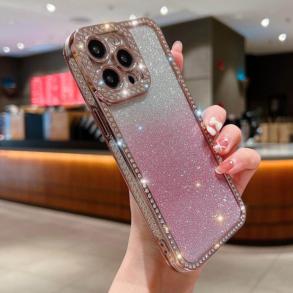 For iPhone 16 Pro Max Case Glitter Phone Case Rhinestone Decor Electroplating Protective Cover