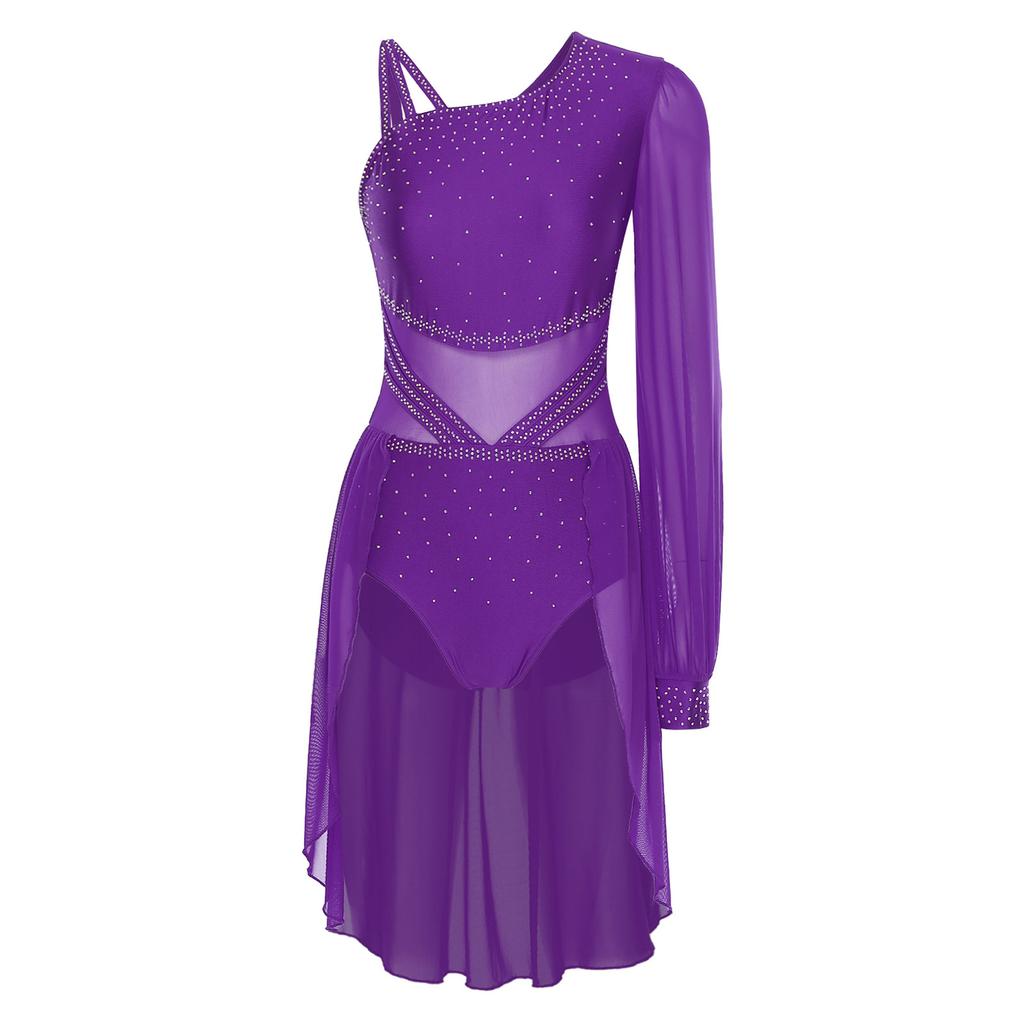 Womens One Shoulder Latin Dance Dress Single Sleeve Sparkle Rhinestone Performance Costume