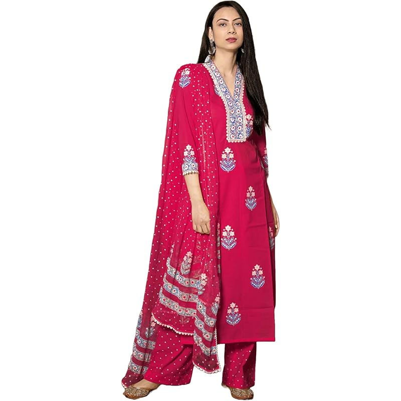 GoSriKi Women's Cotton Blend Straight Hand Block Printed Kurta with Pant & Dupatta (Belagavi Mustard-GS_XL_Mustard_X-Lar
