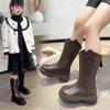 Модные высокие кожаные сапоги для девочек, зимние теплые плюшевые зимние сапоги, нескользящие, водонепроницаемые, на молнии, модная обувь для принцессы и девочки 2024
