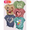 A sweet, romantic floral print featuring butterflies in a heart shape Five-piece set of women's short-sleeve tops Elegant summer clothing Essential