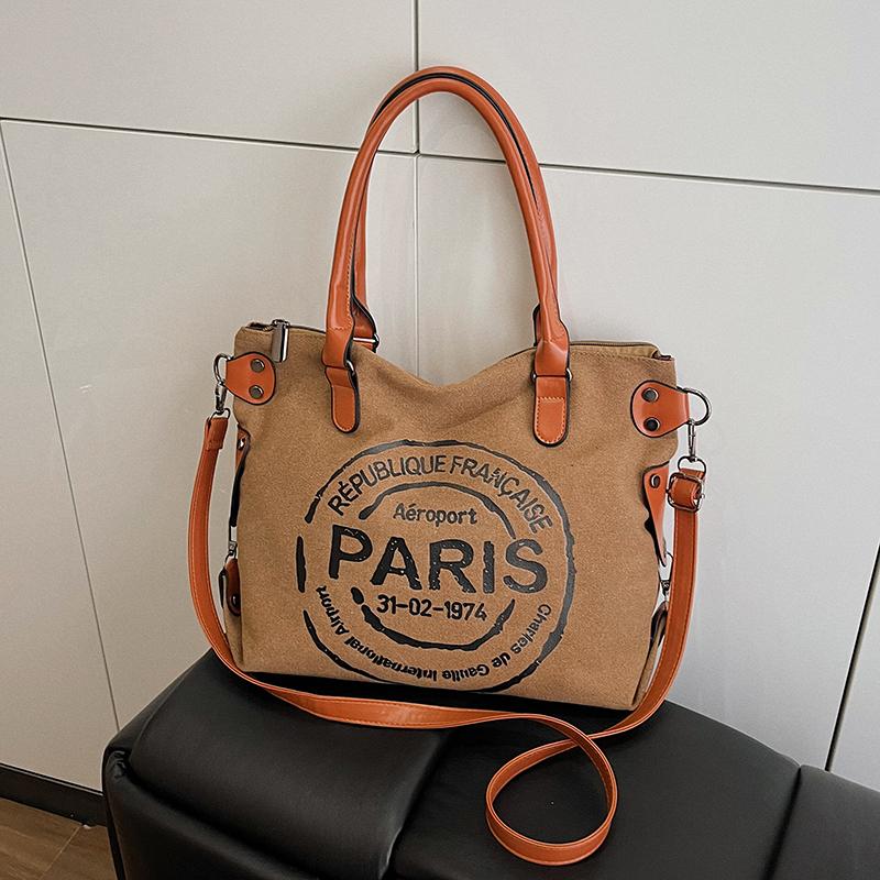 Большая сумка-тоут из ретро-холща - регулируемый плечевой ремень с принтом винтажных парижских штампов - стильная сумка через плечо для женщин