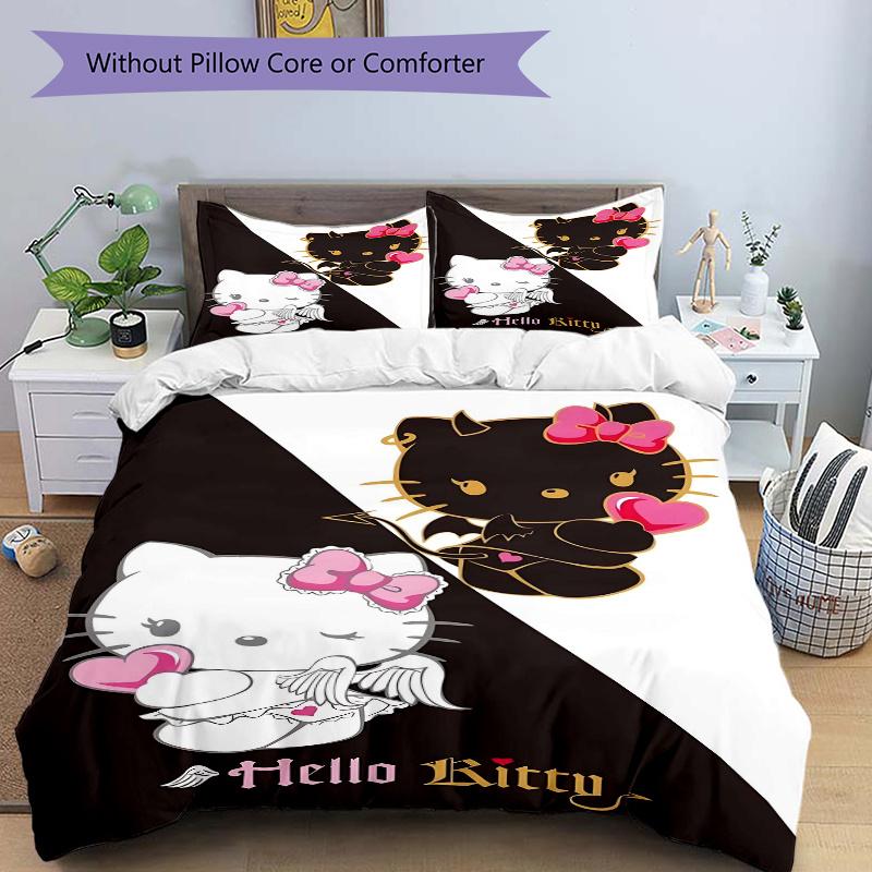 3pcs Hello Kitty Devil Angel Printed Bedding Set, Soft and Comfortable Quilt Cover for Bedroom, Guest Room (1 Duvet Cover + 2 Pillowcases, P