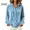 Women Fall Clothing Button Front Velvet Hoodie, Long Sleeve Hooded Jacket, Soft Loose Fit Casual Drawstring Coat for Autumn Winter Elegant Lounge Wear