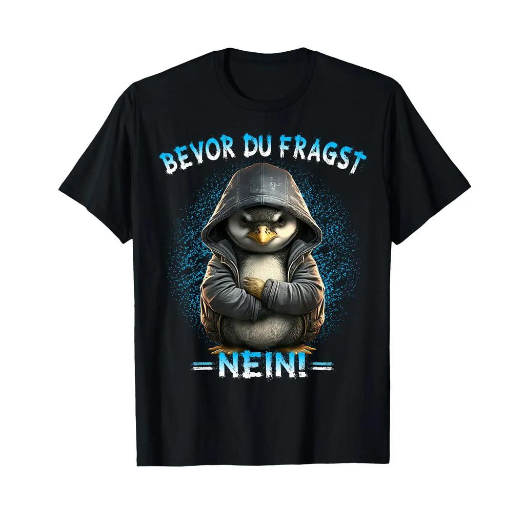 Before Du Fragst Nein Funny Penguin Sarcasm T Shirt Black Vintage Washed Stylish Casual Homme Streetwear Soft