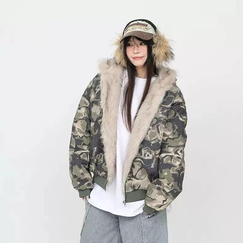 Unisex American Retro Camouflage Fur-Collar Cotton Jacket for Autumn/Winter - Zuo Shan Diao BF Style