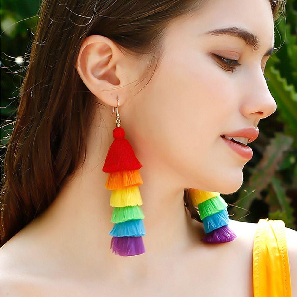 Lightweight Long Drop Dangle Earrings Rainbow Layered Trendy Pride Jewelry Girl