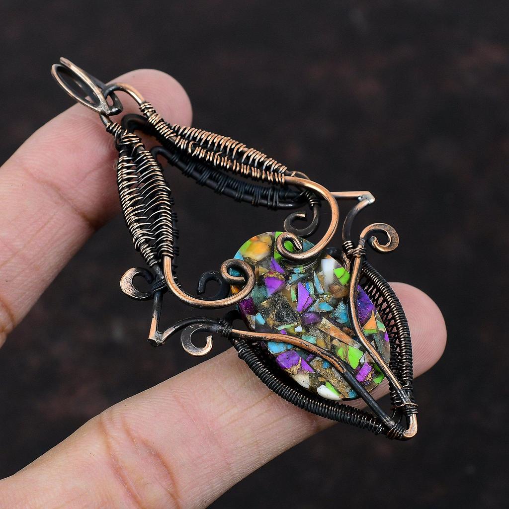 Fiesta Kingman Бирюзовый кулон Мульти Медный бирюзовый кулон Медная проволока обернутая подвеска Драгоценные камни подвеска ручной работы Медные украшения